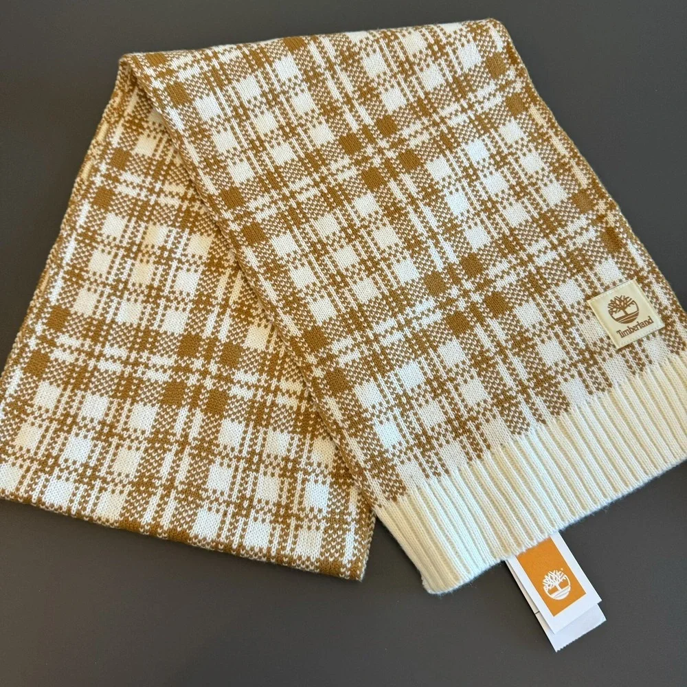 Timberland‎ Scarf Unisex OS Wheat Brown Plaid Knit Logo NEW